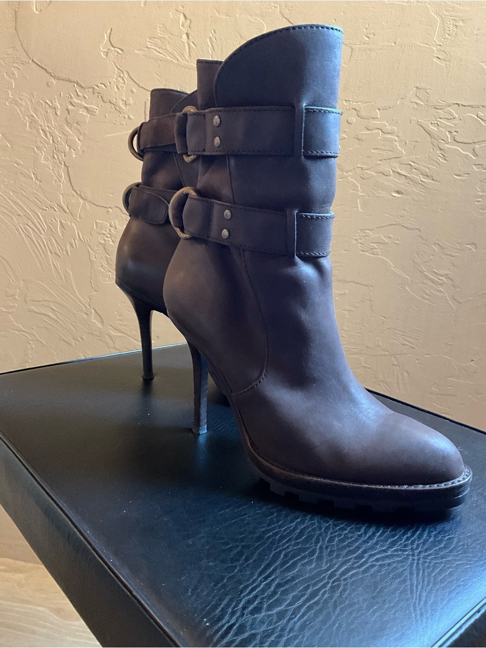Coach Dark Brown Distressed Leather High-Heel Thelma Buckle Ankle Boots